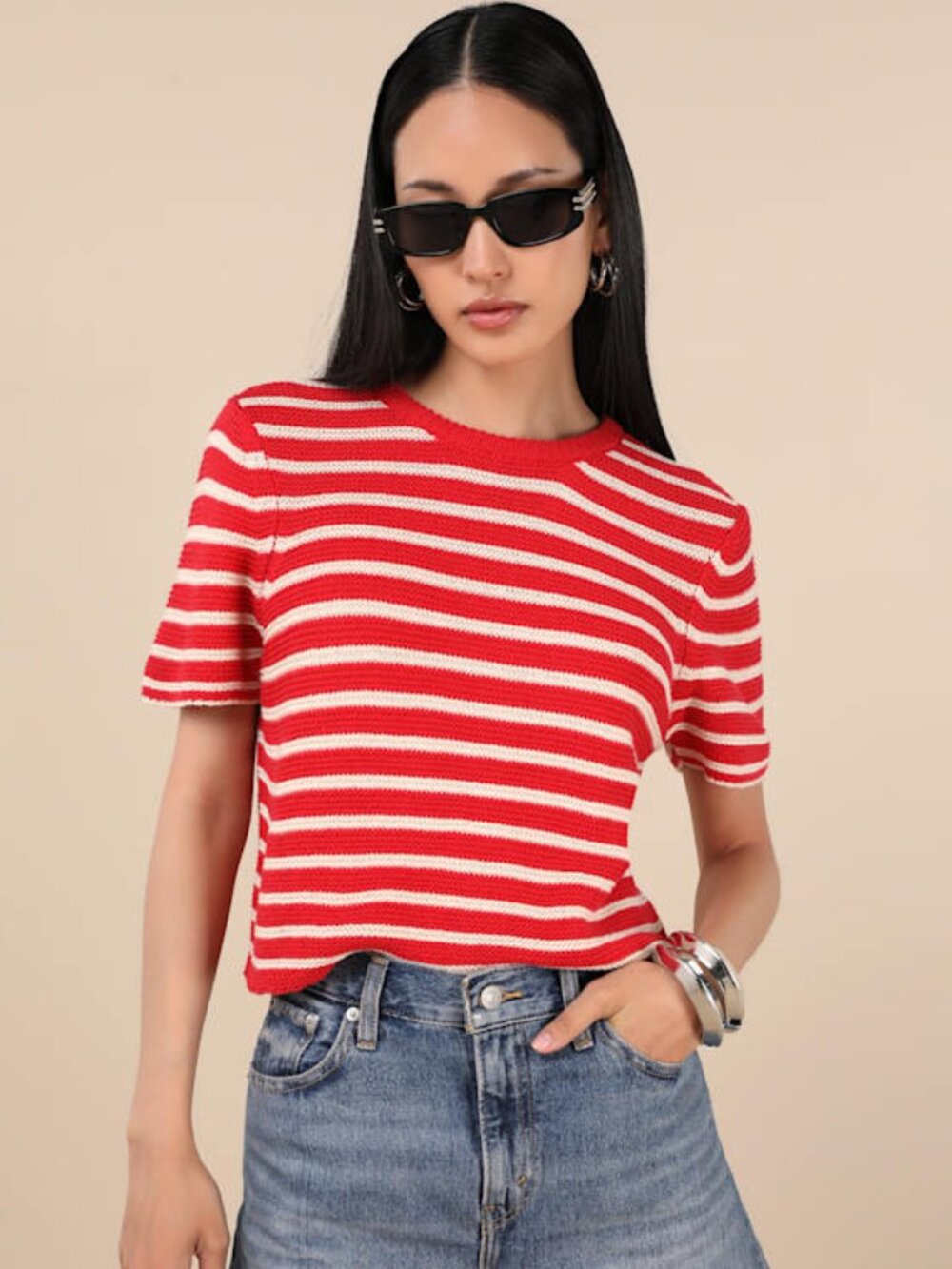 Lulus Keaten Red Striped Short Sleeve Sweater Top - Size S
